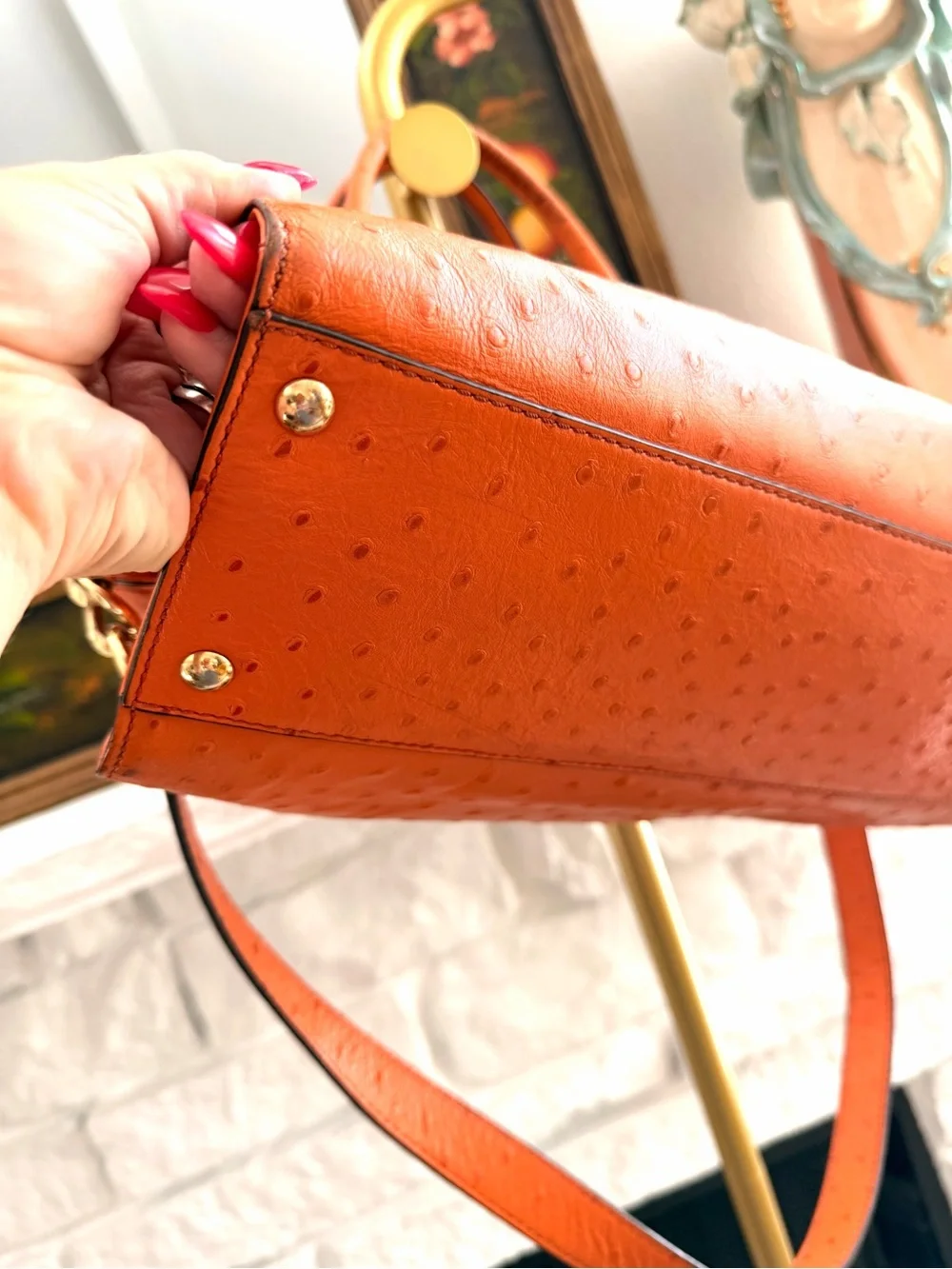 Michael Kors Hamilton Orange Ostrich Embossed Leather Satchel Shoulder Bag